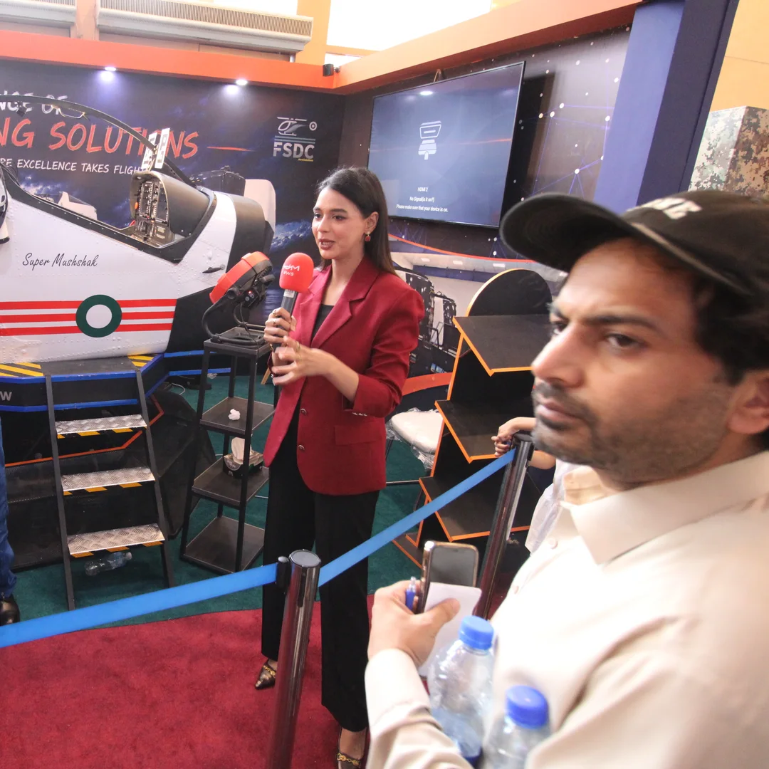A television interview being recorded at the FSDC Aerosolutions stand, Indus RAS Expo 2026