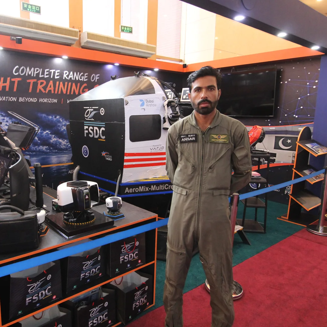 The FSDC Aerosolutions stand backdrop at Indus RAS Expo 2026 — complete range of flight training