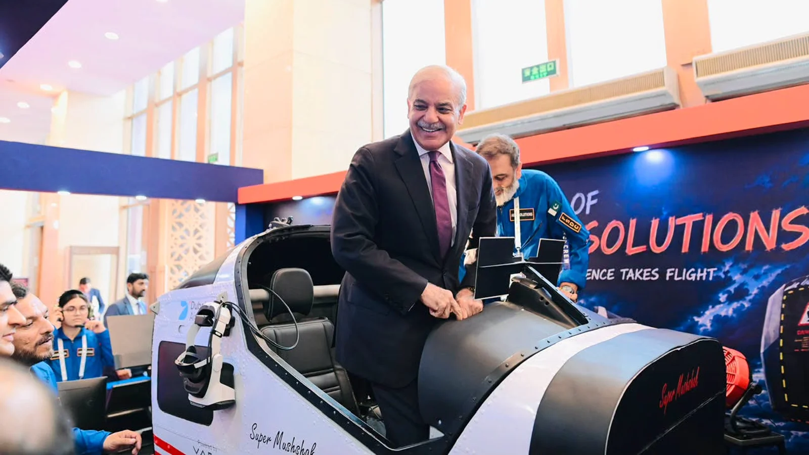 Prime Minister of Pakistan Mian Muhammad Shehbaz Sharif at the FSDC Aerosolutions Super Mushshak full-motion simulator, Indus RAS Expo 2026