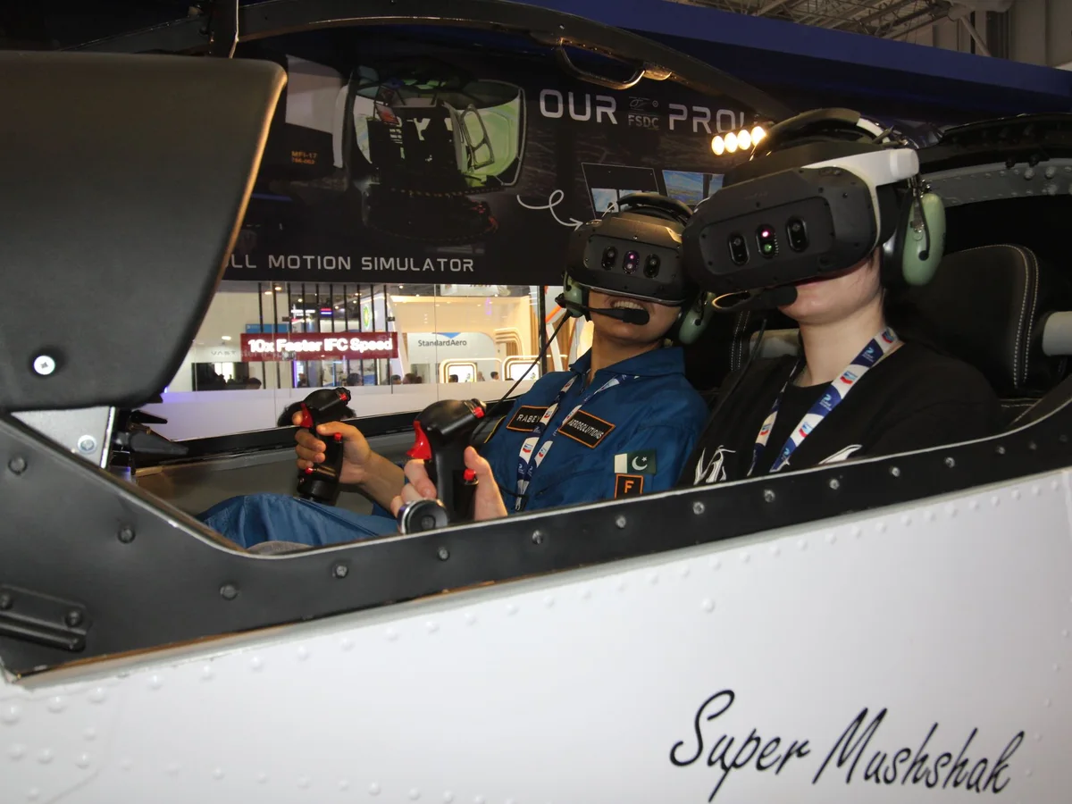 Detail of the Super Mushshak simulator shell at Dubai Airshow 2025