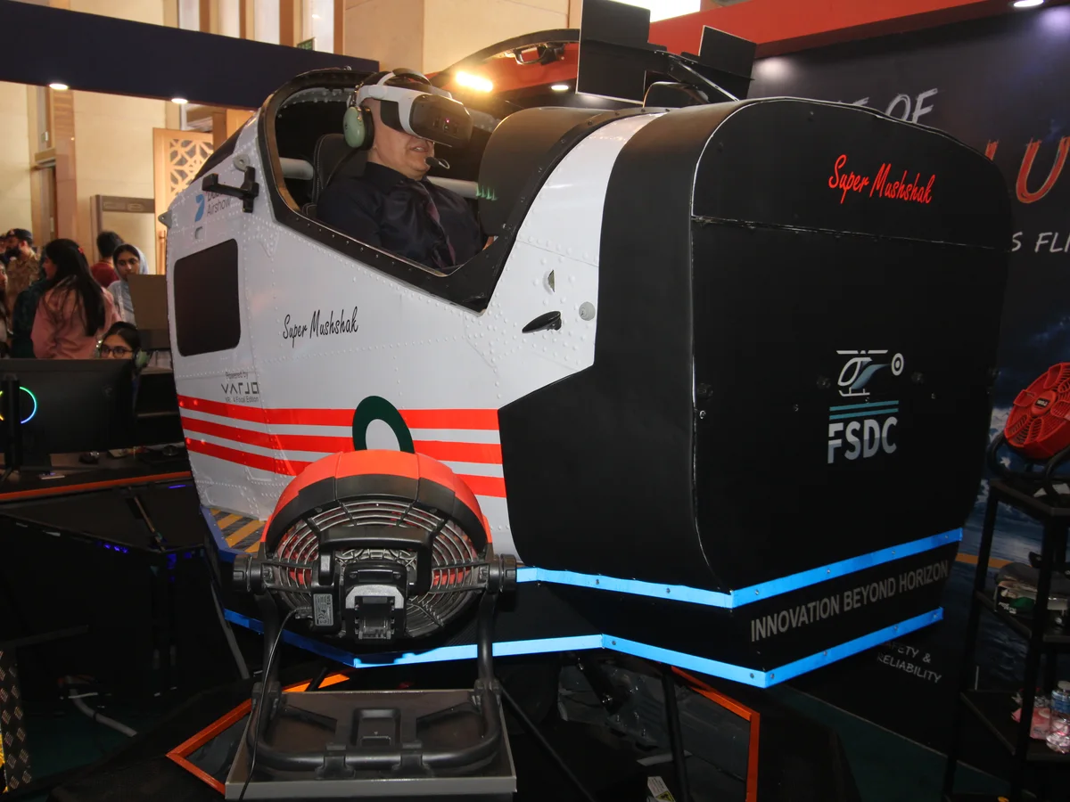 The simulator shell mounted on its electric motion base