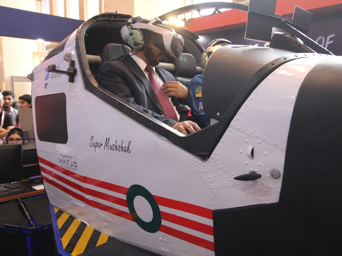 The nose of the Super Mushshak simulator shell on its motion base